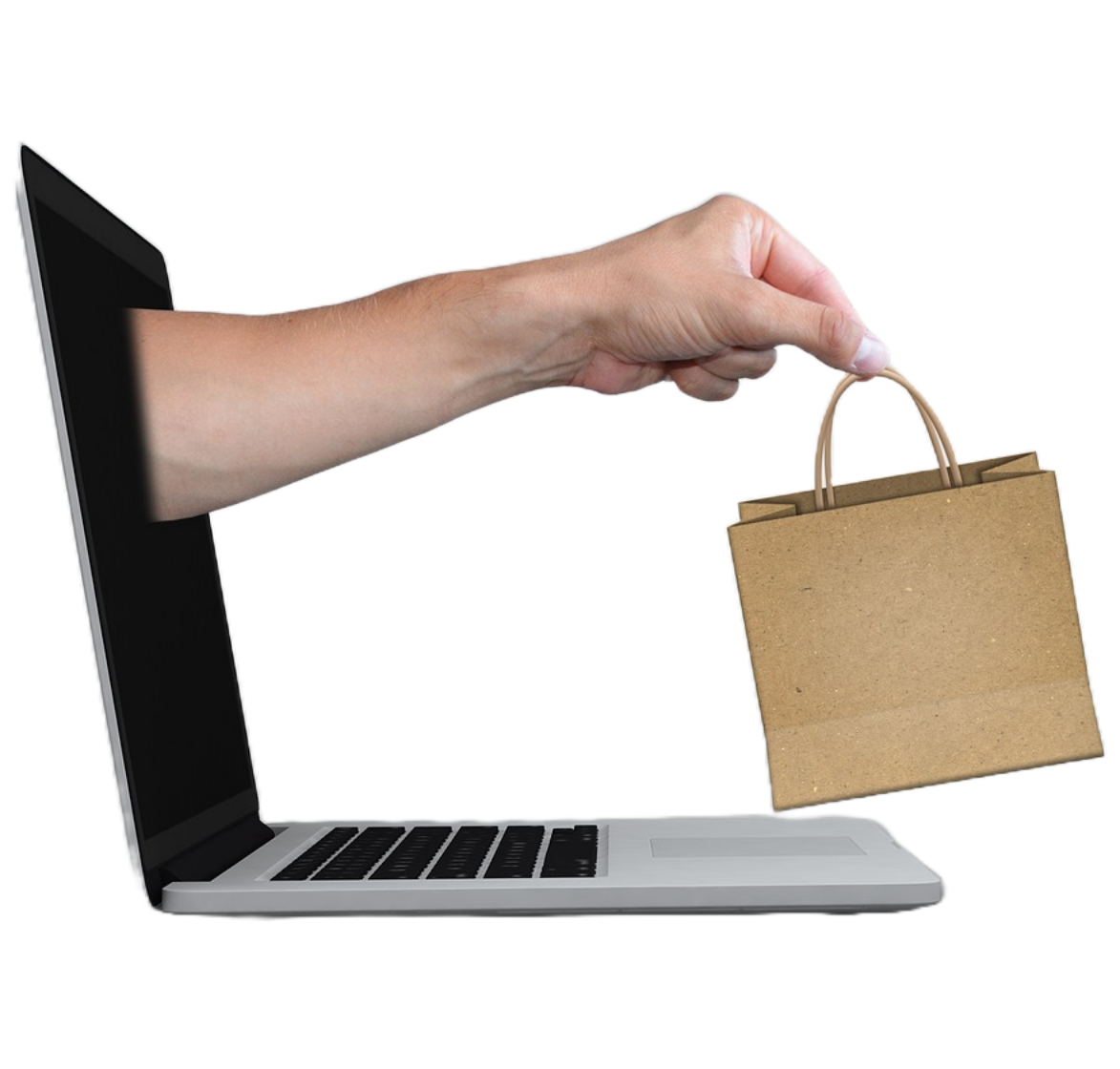 Laptop mit Händlerhand und Paketlieferung