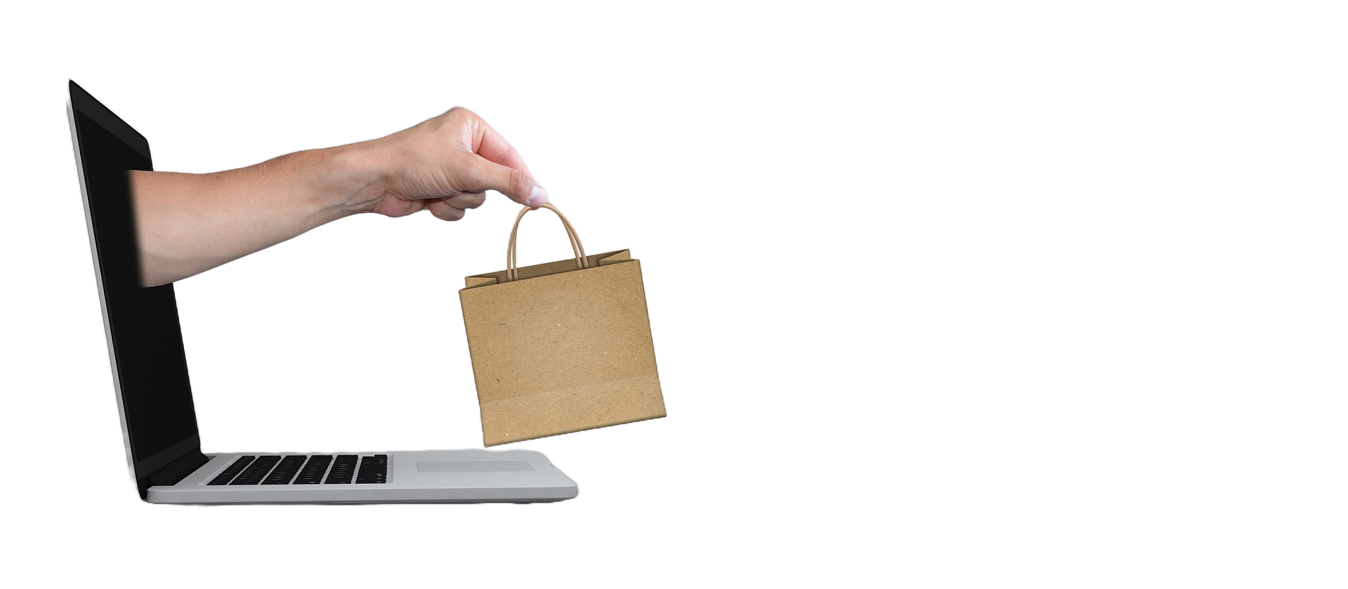 Laptop mit Händlerhand und Paketlieferung
